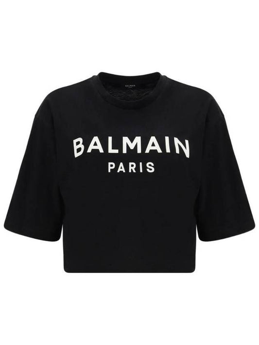logo print crew neck cropped organic cotton short sleeve t-shirt black - BALMAIN - BALAAN.