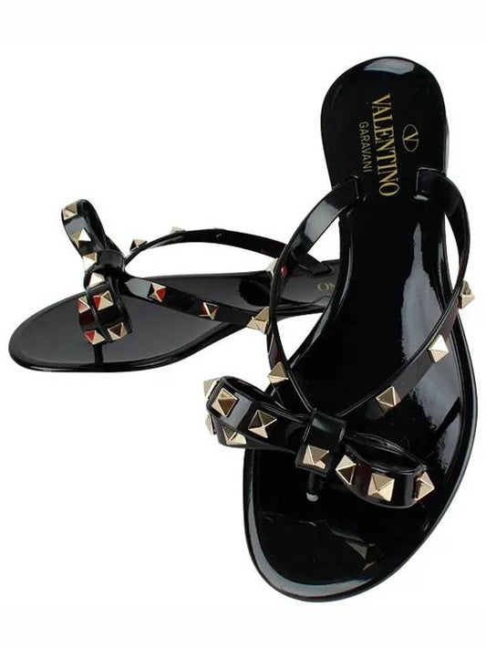 Women's Rockstud Ribbon Flip Flops Black - VALENTINO - BALAAN.