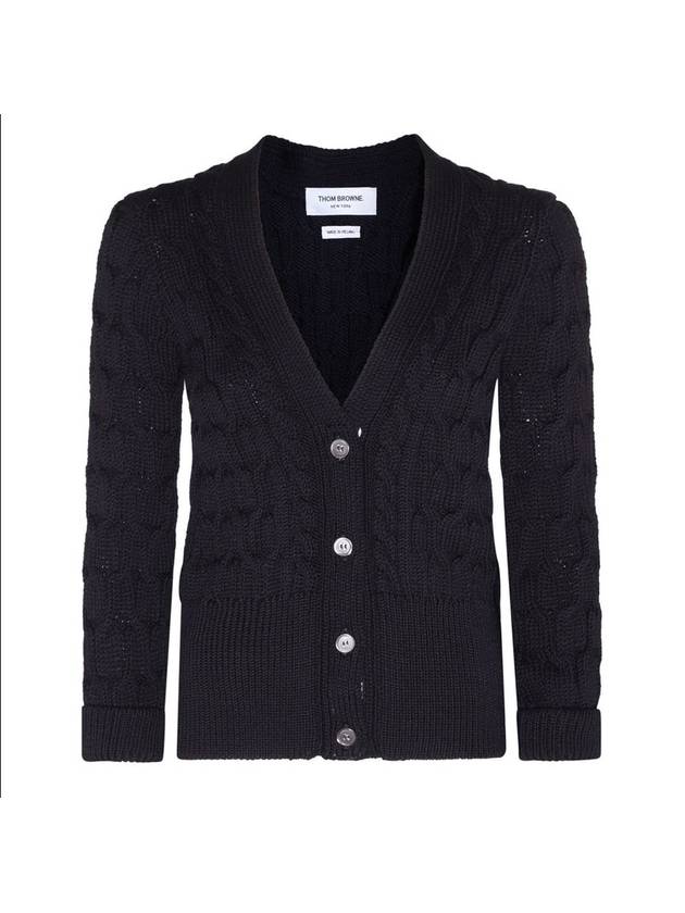 Merino Wool Crisscross Cable Stitch 3/4 Sleeve V-Neck Cardigan Navy - THOM BROWNE - BALAAN 2