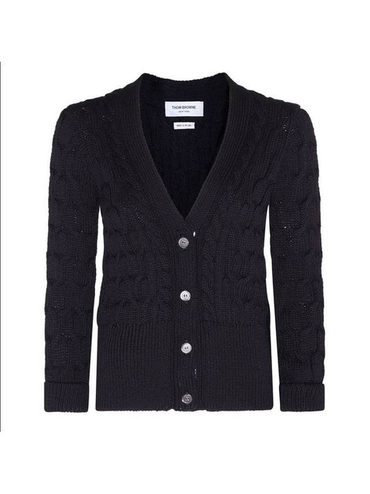 Merino Wool Crisscross Cable Stitch 3/4 Sleeve V-Neck Cardigan Navy - THOM BROWNE - BALAAN 2