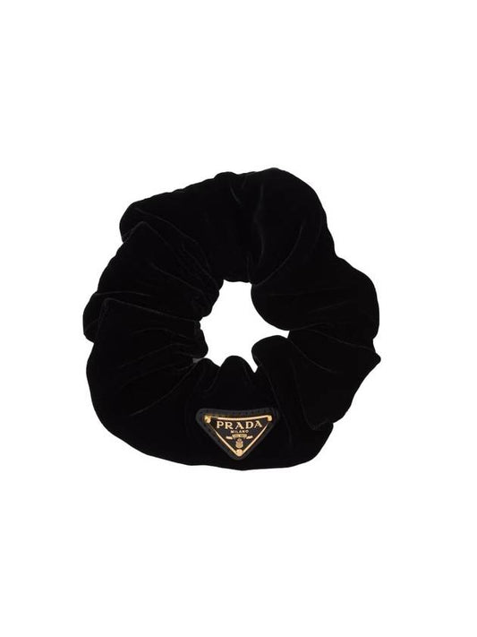 Women's Logo Detailed Velvet Scrunchie Black - PRADA - BALAAN 1