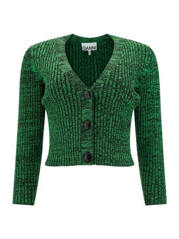 Women's Crop Melange Knit Cardigan Green - GANNI - BALAAN 1