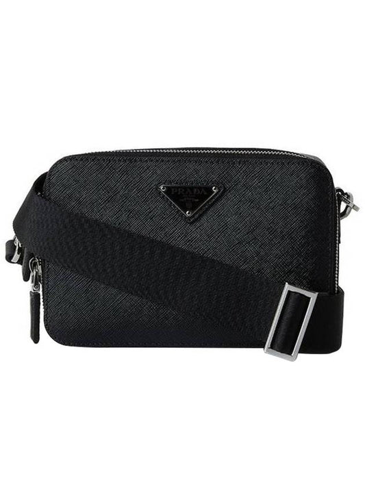 Brick Saffiano Leather Triangular Logo Cross Bag Black - PRADA - BALAAN.