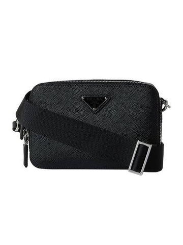 Brick Re-Nylon Saffiano Leather Triangular Logo Cross Bag Black - PRADA - BALAAN 1