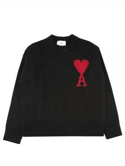 Intarsia Big Heart Logo Wool Knit Top Black - AMI - BALAAN 2