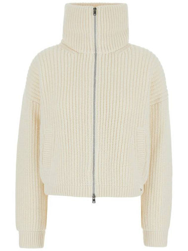 White Cropped Jacket With Funnel Neck In Ribbed Wool Woman - HERNO - BALAAN 1