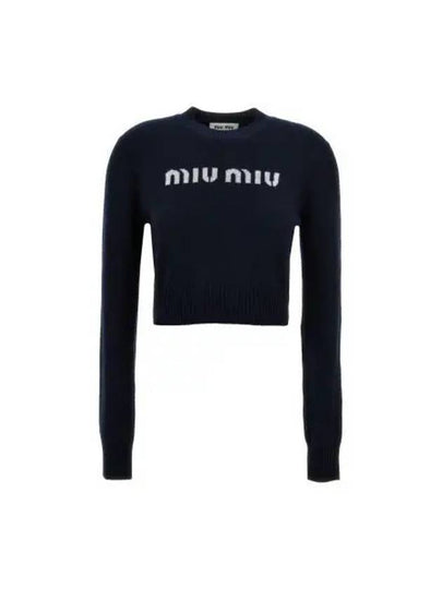 Print Logo Crop Wool Cashmere Knit Top Navy - MIU MIU - BALAAN 2