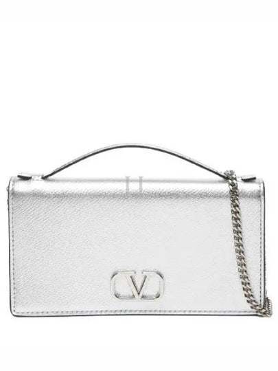 V Logo Signature Chain Leather Long Wallet Silver - VALENTINO - BALAAN 2