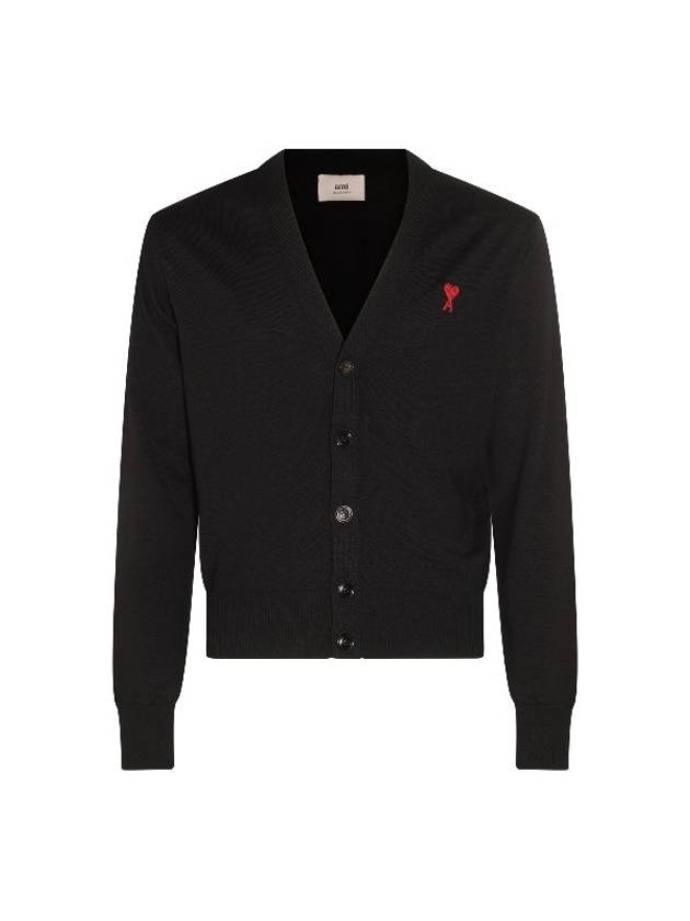 Red Heart Logo Merino Wool Cardigan Black - AMI - BALAAN 2