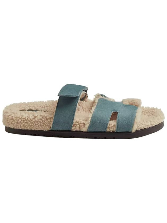 Chypre Suede Shearling Sandals Blue - HERMES - BALAAN.