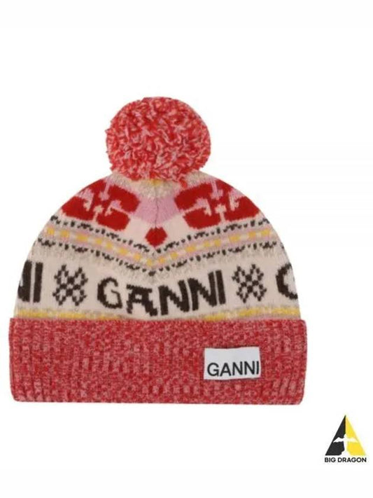 Logo Graphic Intarsia Knit Beanie Red - GANNI - BALAAN 2