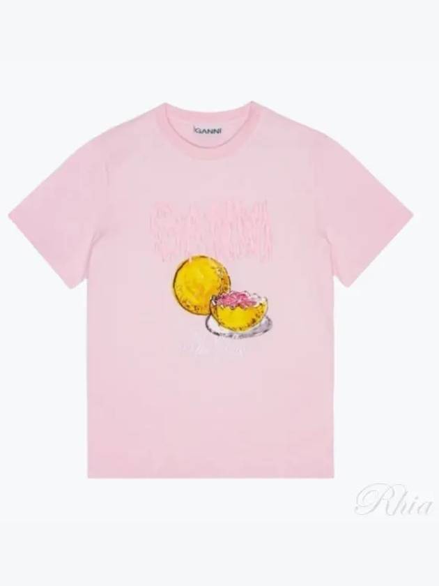 Logo Applique Graphic Print Short Sleeve T Shirt Pink - GANNI - BALAAN 2