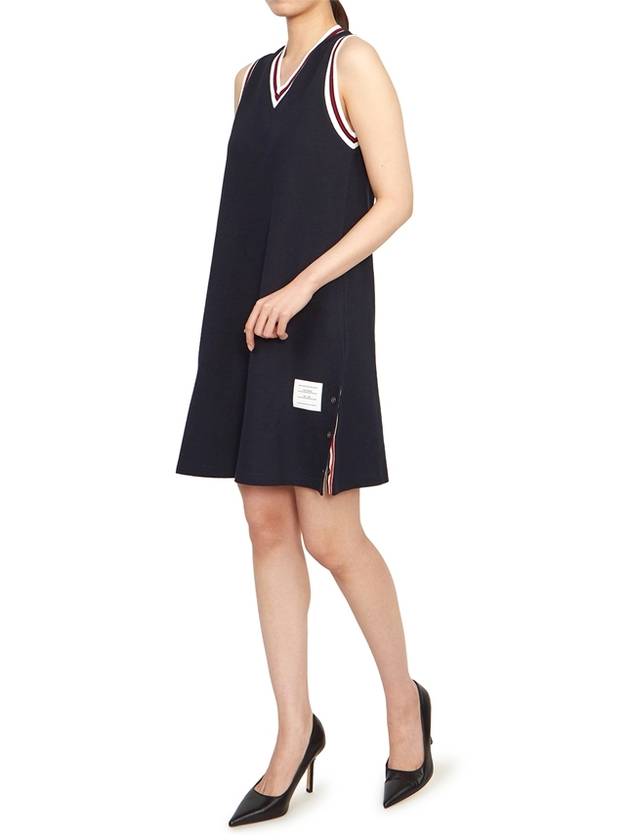 Women's Classic Pique Stripe V-Neck Cotton Tennis Dress Navy - THOM BROWNE - BALAAN 5