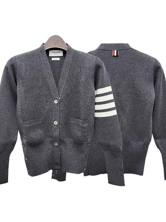 Milano Stitch 4 Bar Classic V Neck Fine Merino Wool Cardigan Medium Grey - THOM BROWNE - BALAAN 2