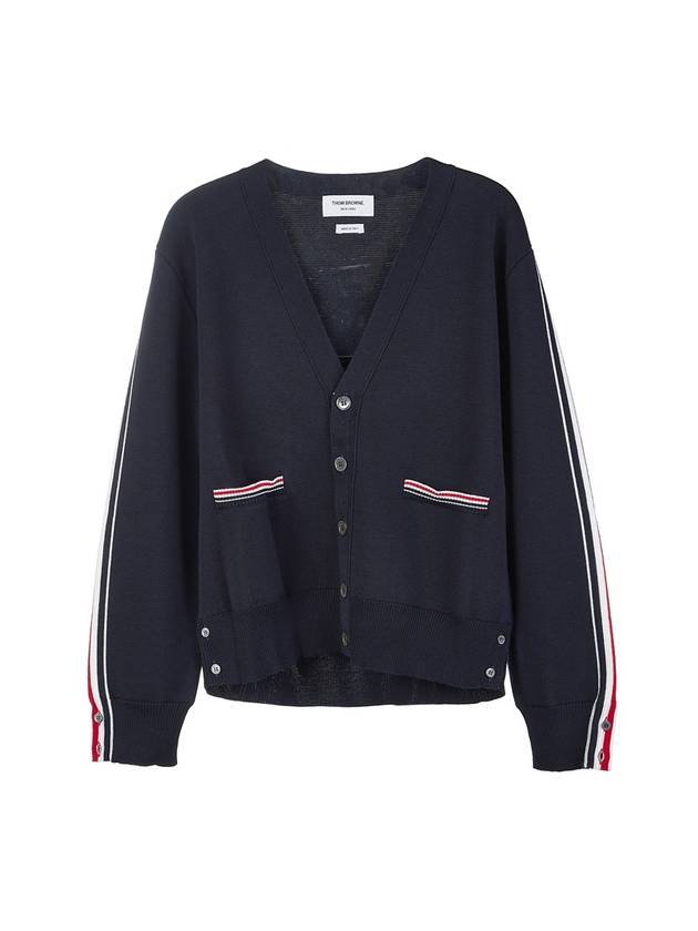 Men's Navy Side Intarsia Milano Stitch Wool Cardigan Navy - THOM BROWNE - BALAAN 1