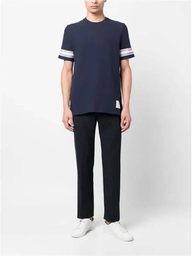 Textured Cotton Stripe Short Sleeve T-Shirt Navy - THOM BROWNE - BALAAN 3