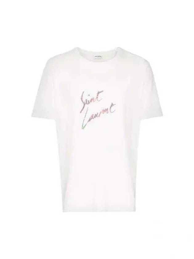 Men's Animal Pattern Logo Short Sleeve T-Shirt White - SAINT LAURENT - BALAAN 2