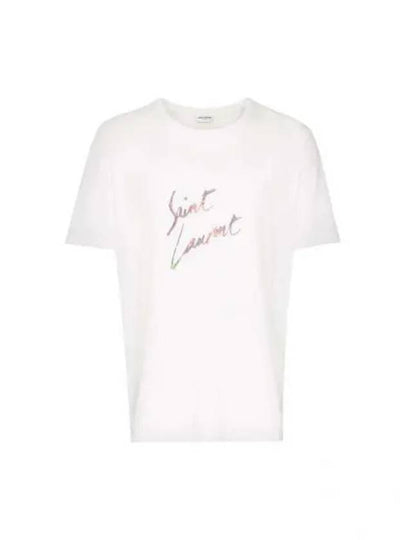 Men's Animal Pattern Logo Short Sleeve T-Shirt White - SAINT LAURENT - BALAAN 2