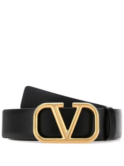 Gold V Logo Signature Leather Belt Black - VALENTINO - BALAAN 2