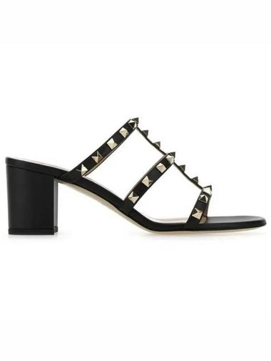 Rock Stud Leather Sandal Heels Black - VALENTINO - BALAAN 1