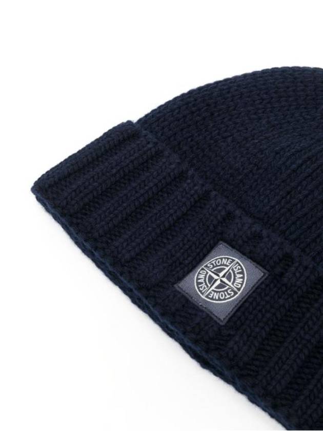 Logo Patch Wool Beanie Navy - STONE ISLAND - BALAAN 3