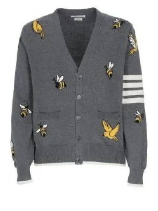 Men's Merino Bird Bee 4 Bar V-Neck Merino Cotton Cardigan Medium Grey - THOM BROWNE - BALAAN 2