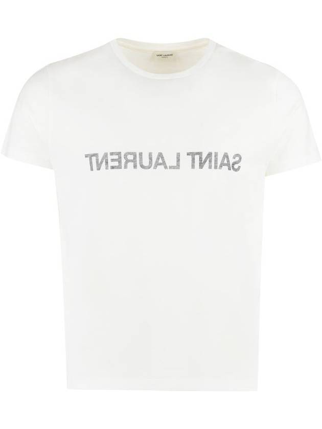 Reverse Logo Print Cotton Short Sleeve T-Shirt White - SAINT LAURENT - BALAAN 2