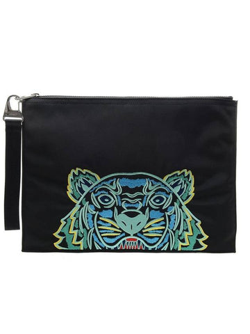 tiger embroidered logo strap large clutch bag black - KENZO - BALAAN.