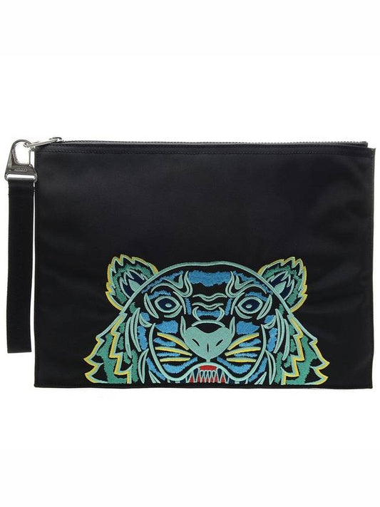 tiger embroidered logo strap large clutch bag black - KENZO - BALAAN.