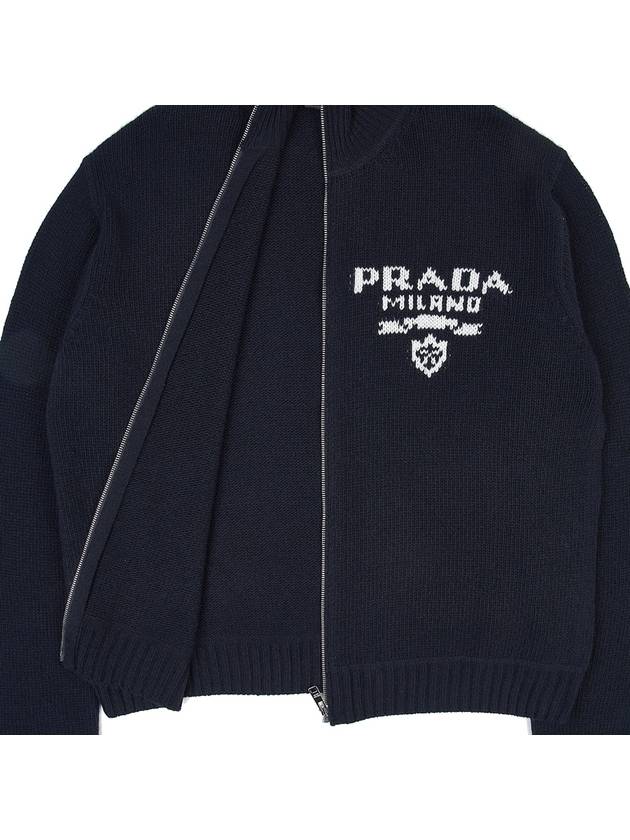 Men's Logo Zip-up Wool Cashmere Cardigan Navy - PRADA - BALAAN 9