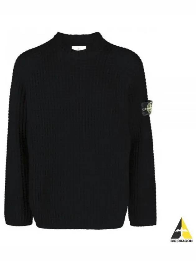 Knotted Ribbed Stitch Pure Wool Crewneck Knit Top Black - STONE ISLAND - BALAAN 2