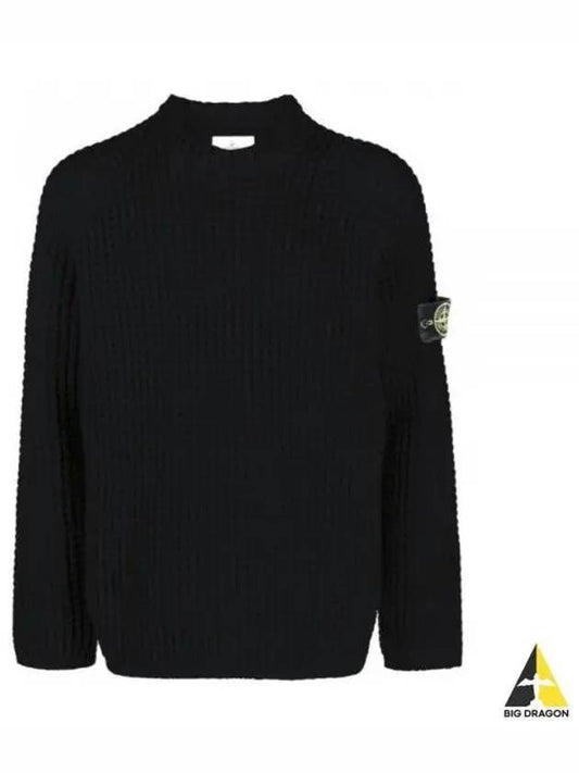 Knotted Ribbed Stitch Pure Wool Crewneck Knit Top Black - STONE ISLAND - BALAAN