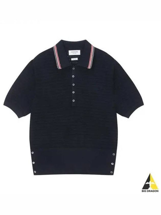 Textured Stitch Polo Knit Shirt Short Sleeve Navy MKP084A Y3017 - THOM BROWNE - BALAAN 1