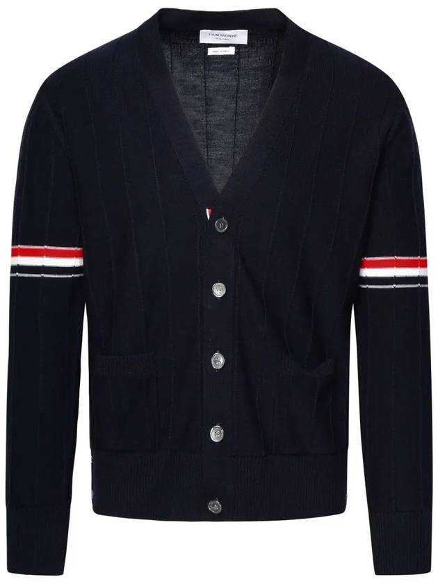 RWB V-neck Striped Virgin Wool Cardigan Navy - THOM BROWNE - BALAAN 2