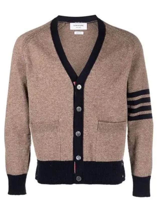 V-Neck 4-Bar Wool Cardigan Brown - THOM BROWNE - BALAAN 2