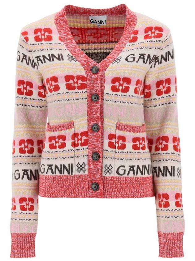 Logo V-neck Wool Blend Cardigan Red - GANNI - BALAAN 2