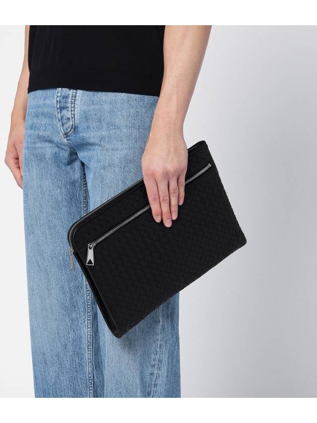 Intrecciato Weaving Zipper Clutch Bag Black - BOTTEGA VENETA - BALAAN 3