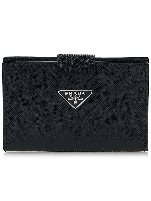 Triangle Logo Saffiano Flap Card Wallet Black - PRADA - BALAAN 2