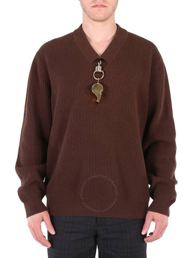 Burberry Men's Brown Wool V-Neck Gold-Plated Whistle Detail Rib Knit Sweater, Size Small - BURBERRY - BALAAN 1