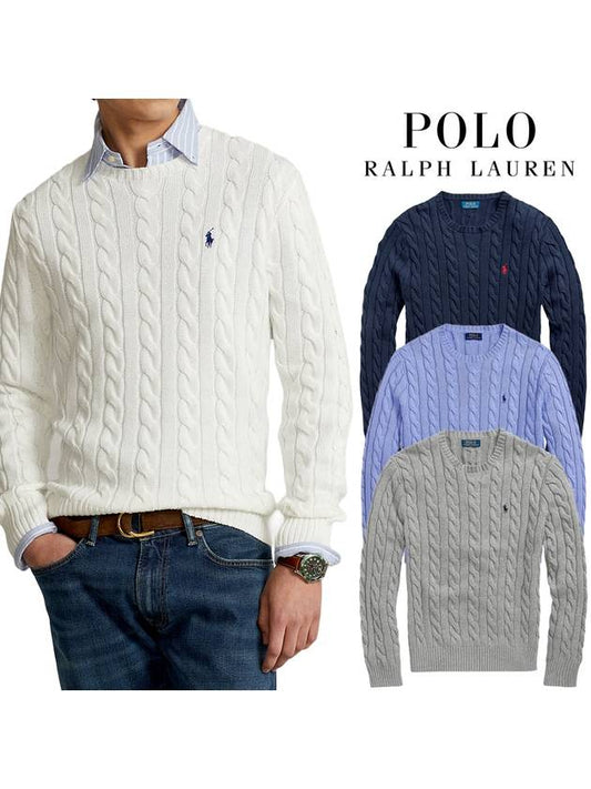 Men's Cable Cotton Knit Sweater Navy White - POLO RALPH LAUREN - BALAAN 1