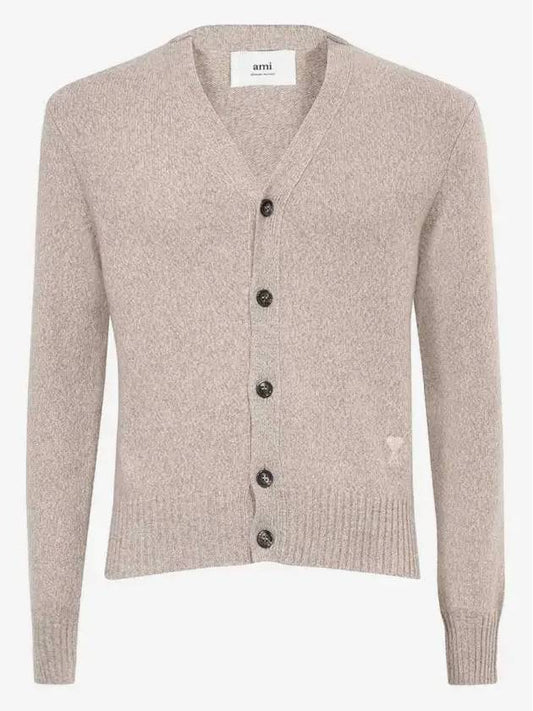 Heart Logo V-Neck Cashmere Cardigan Heather Champagne - AMI - BALAAN 2