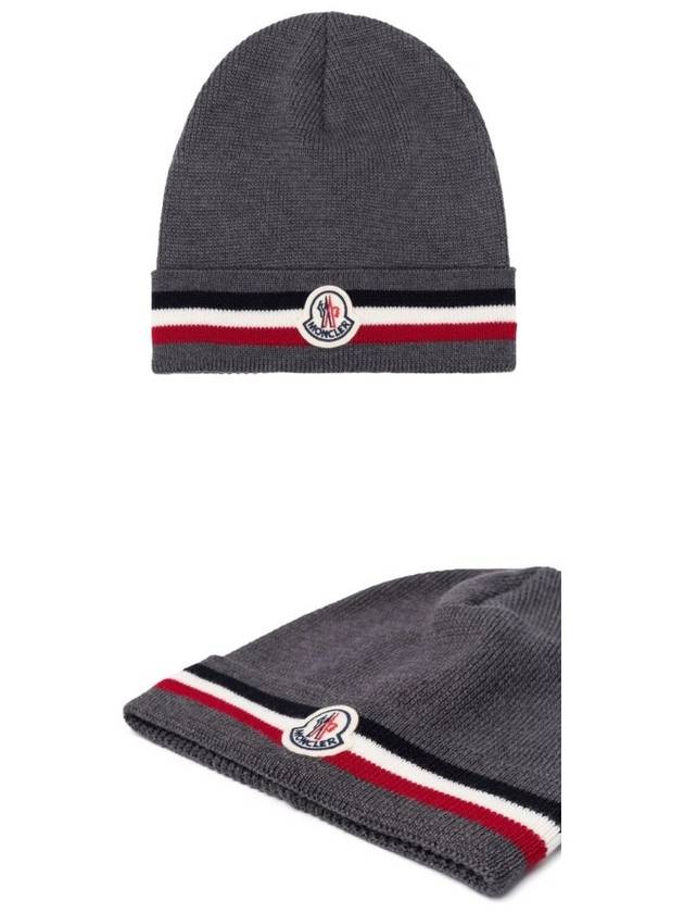 Patch Logo Three Stripes Wool Beanie Gray - MONCLER - BALAAN 6