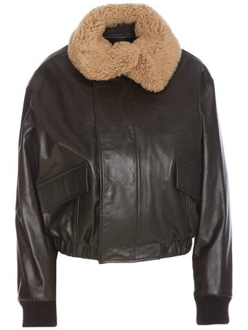 Women's Shearling Collar Leather Jacket Dark Chocolate - LEMAIRE - BALAAN 1