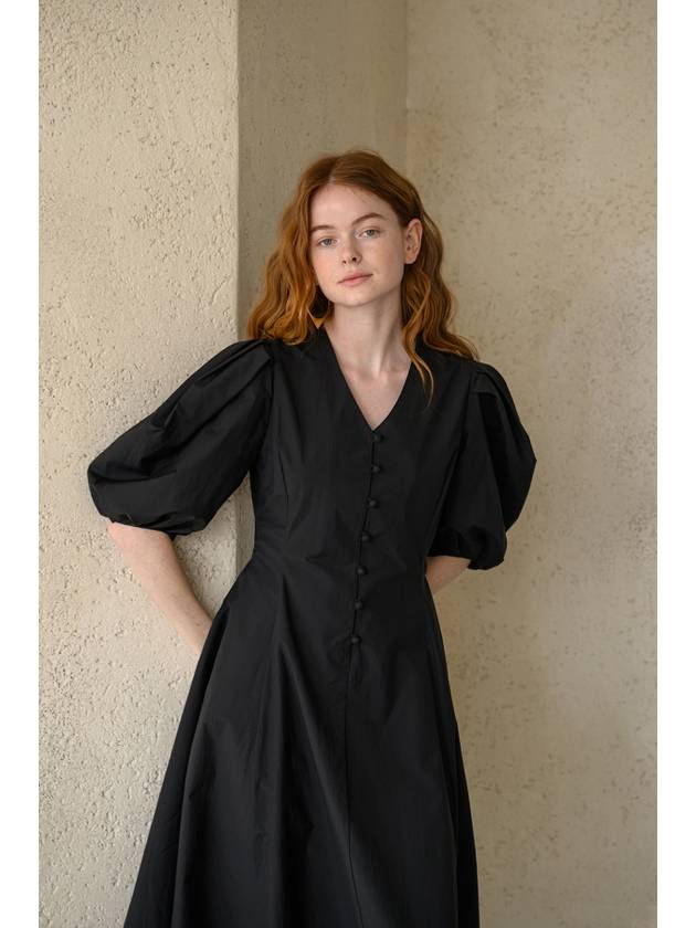 V neck puff sleeve A line midi dress black - CAHIERS - BALAAN 2