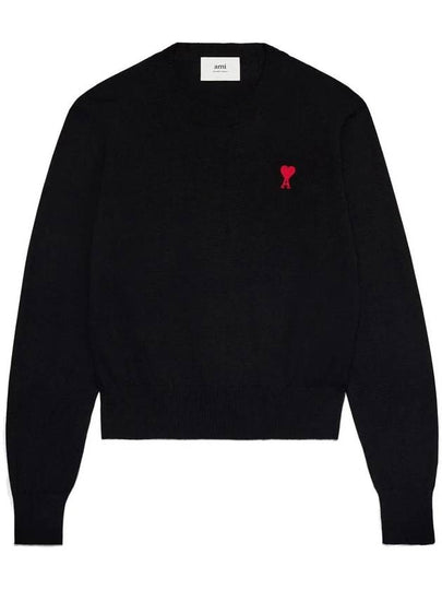 Heart Embroidered Logo Crew Neck Knit Top Black - AMI - BALAAN 2