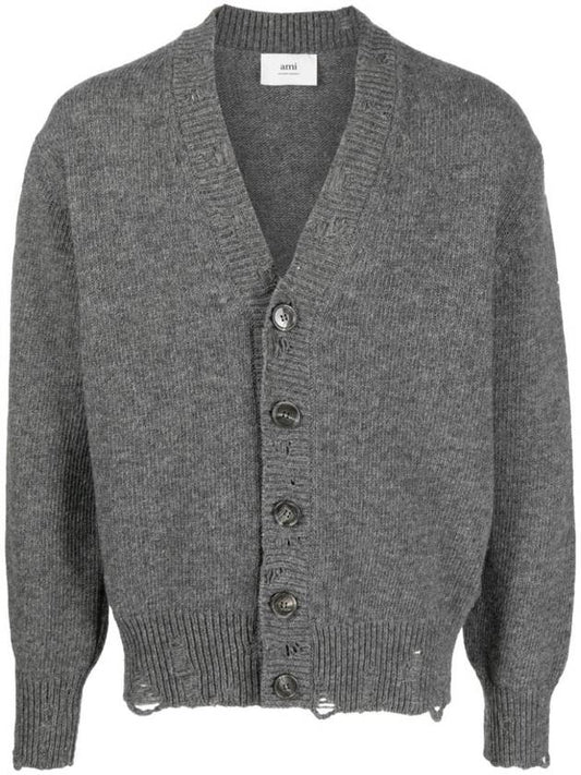 Distressed Effect Virgin Wool Cardigan Grey - AMI - BALAAN 1