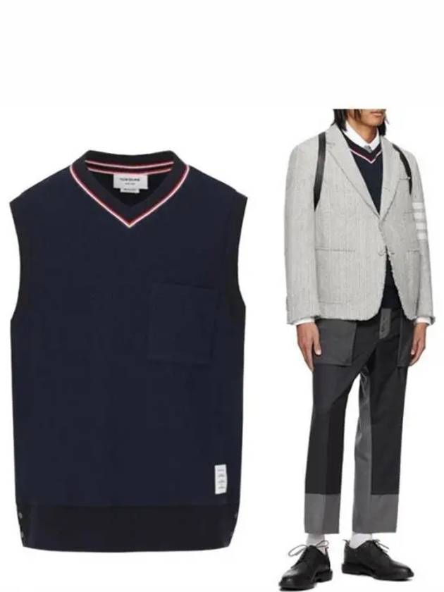 Logo Patch Ribbed Vest Navy - THOM BROWNE - BALAAN 2