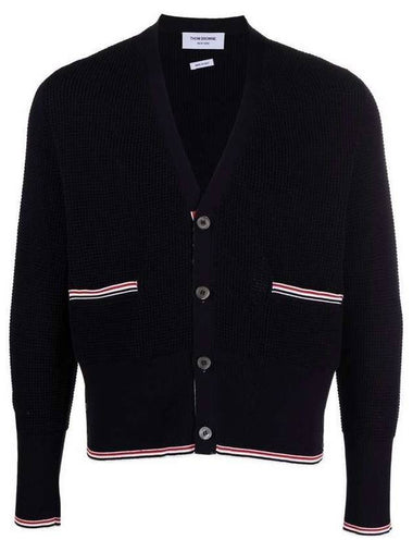 Men's Three-Stripe Tab Textured Cotton V-Neck Classic Fit Cardigan Navy - THOM BROWNE - BALAAN 1