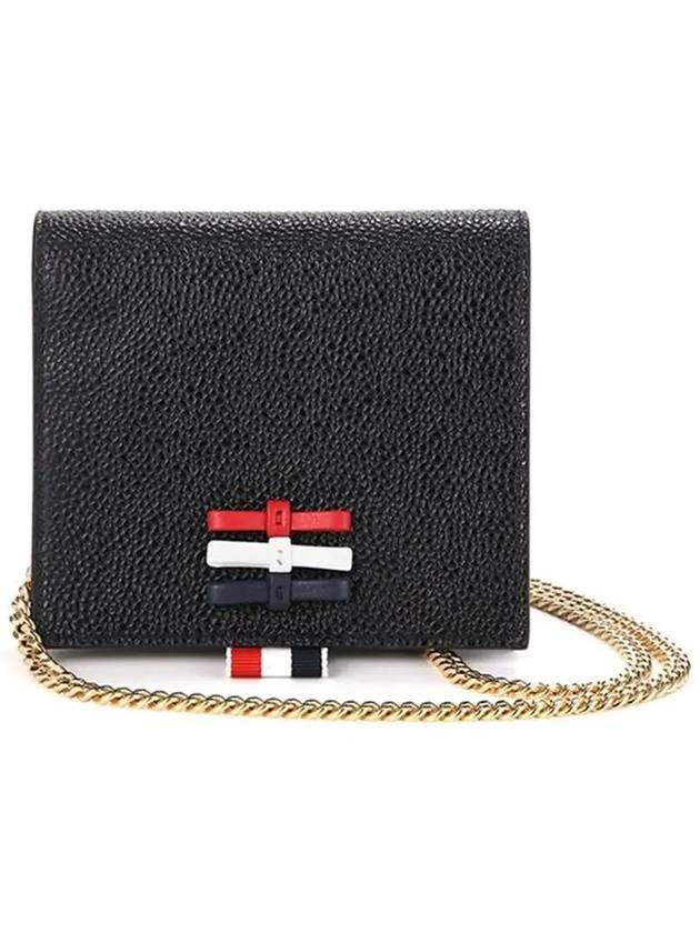 Pebble Grain Leather Bow Detail Chain Strap Card Wallet Black - THOM BROWNE - BALAAN 6