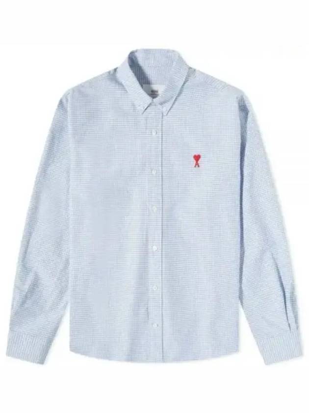Heart Logo Gingham Check Oxford Long Sleeve Shirt Blue - AMI - BALAAN.